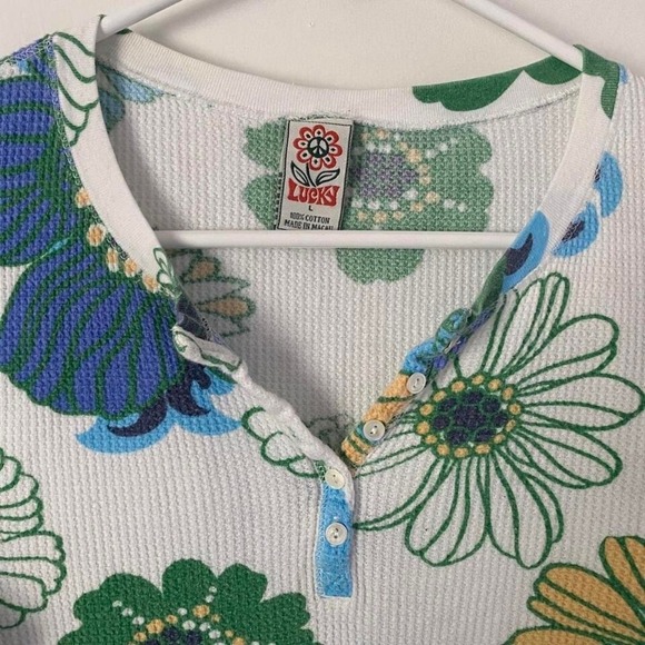 Vintage Lucky Brand Y2K Floral Henley Women's Top Waffle Texture 3/4 Sleeve L - Picture 4 of 5